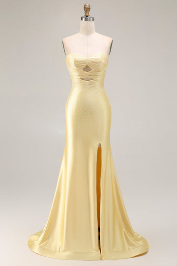 Yellow Mermaid Strapless Beaded Cut-Out Long Prom Dress With Slit